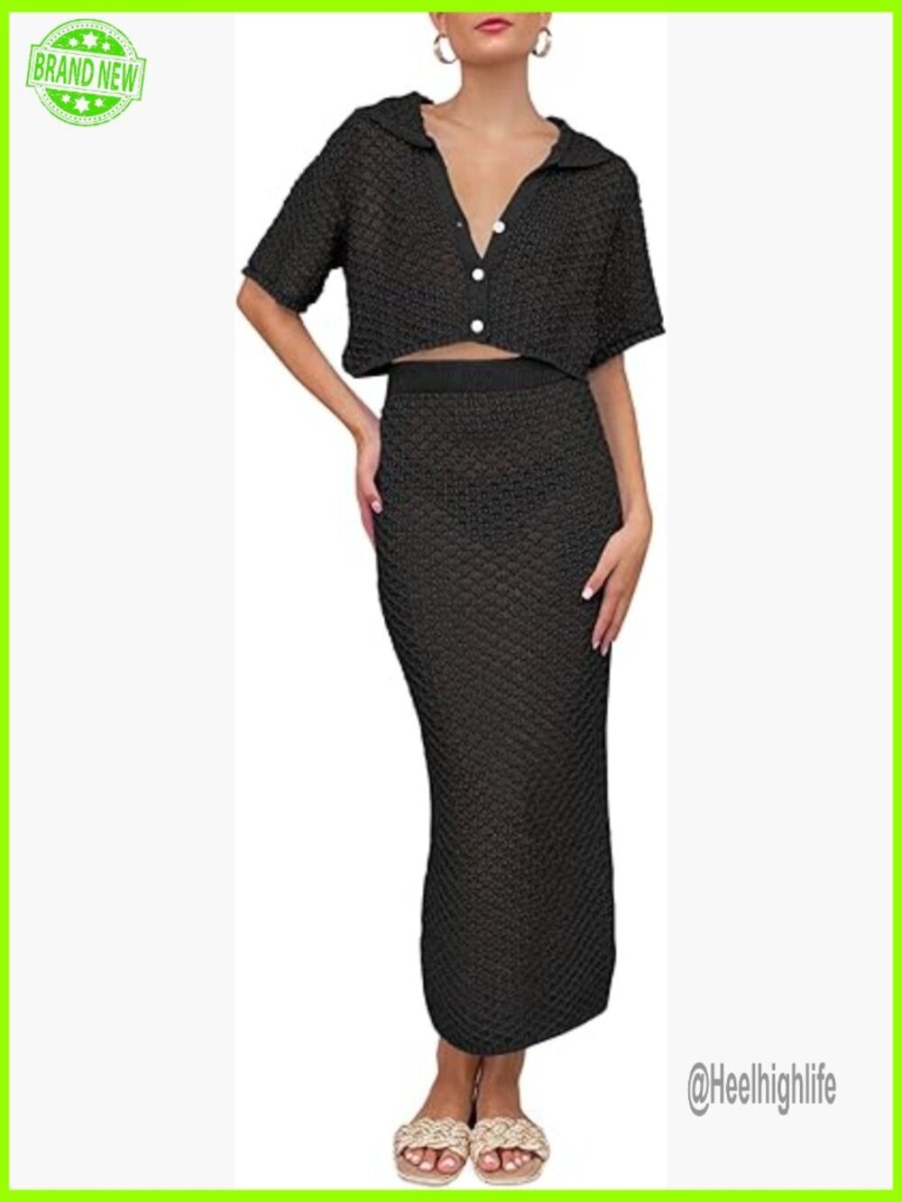 Crochet Beach Cover Up Set Knit Crop Top Bodycon Long Skirt 2 Piece Outfit